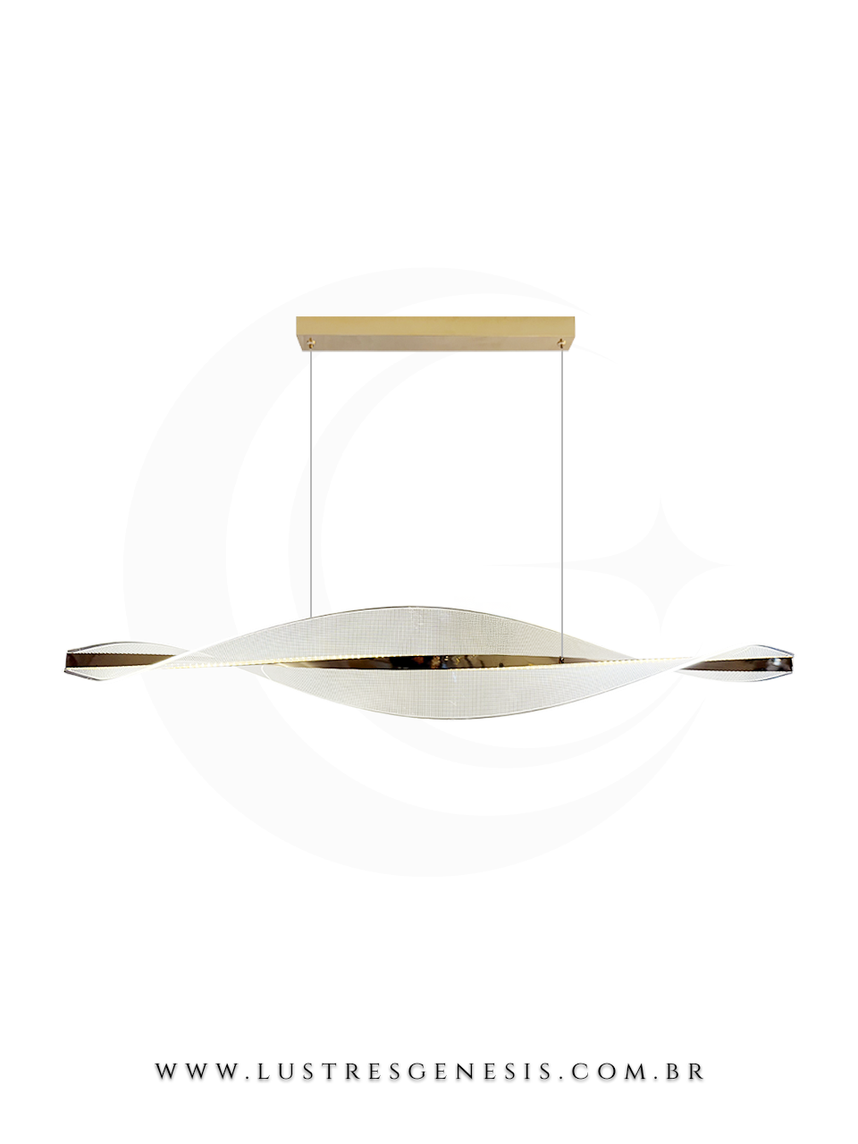 Pendente de luz decorativo, com formato de fita em metal, iluminação embutida e acabamento prateado, para ambientes modernos.